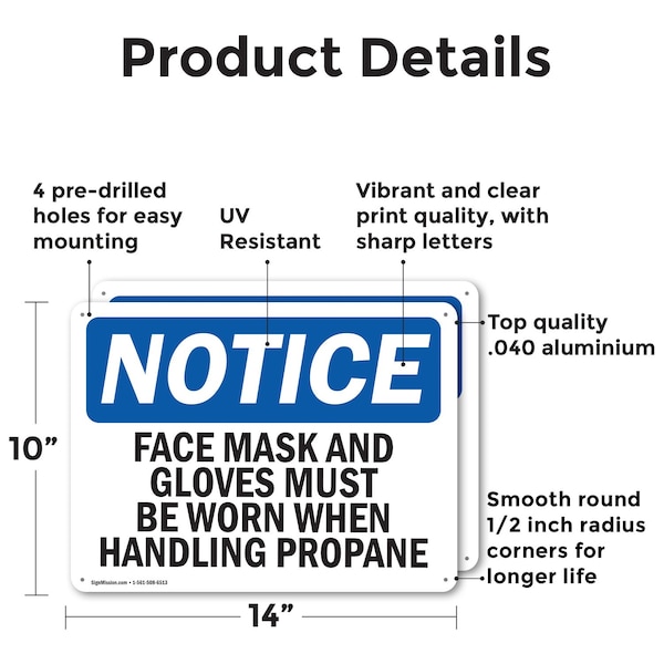 Face Mask And Gloves Must Be Worn When Handling OSHA Notice Sign, Aluminum, 14in W X 10in L, 2PK